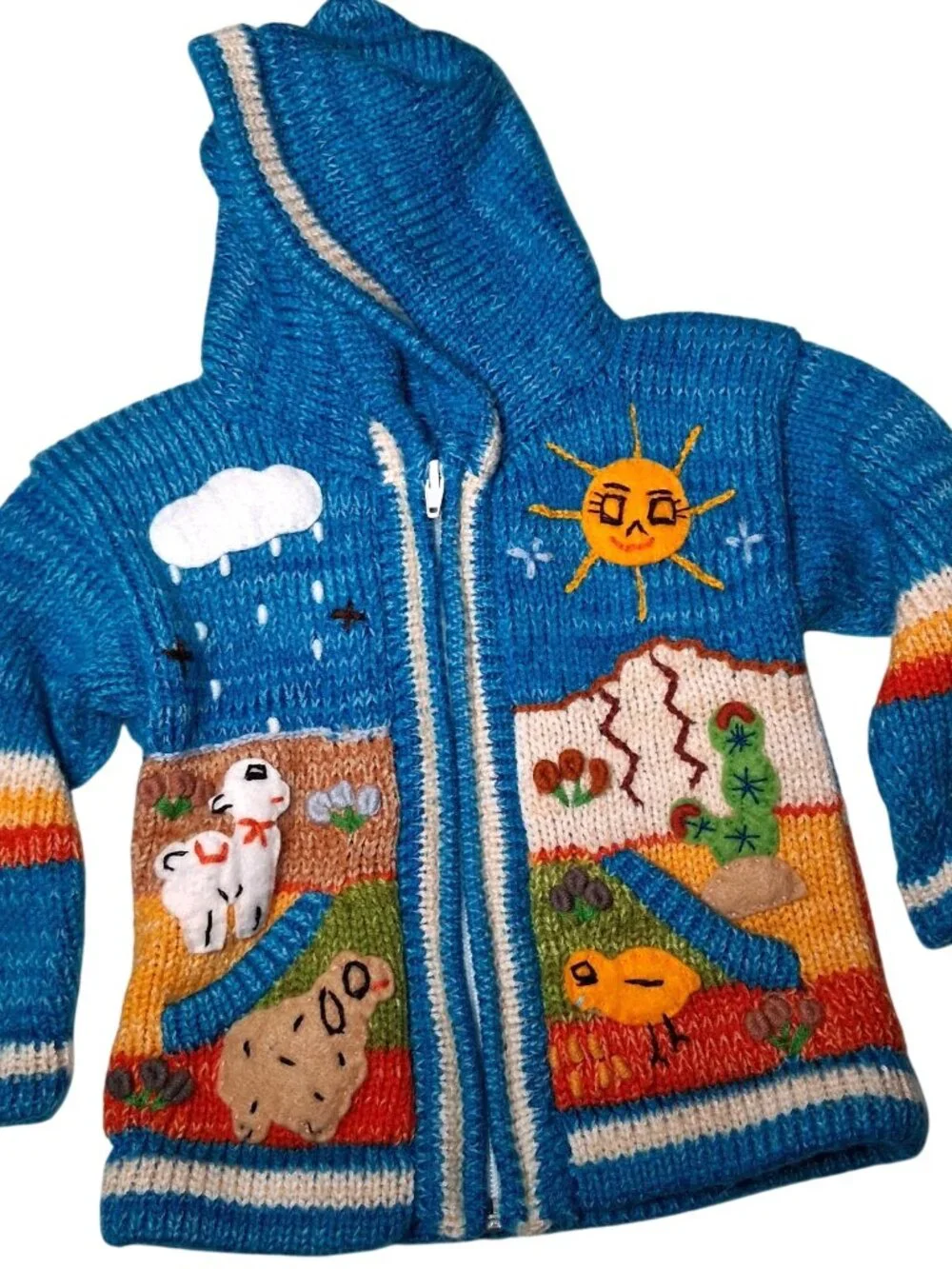 Hand Knit Peruvian Cardigan Sweater Kids Blue Mountain Sheep Sun Snail Zip - Picture 1 of 16